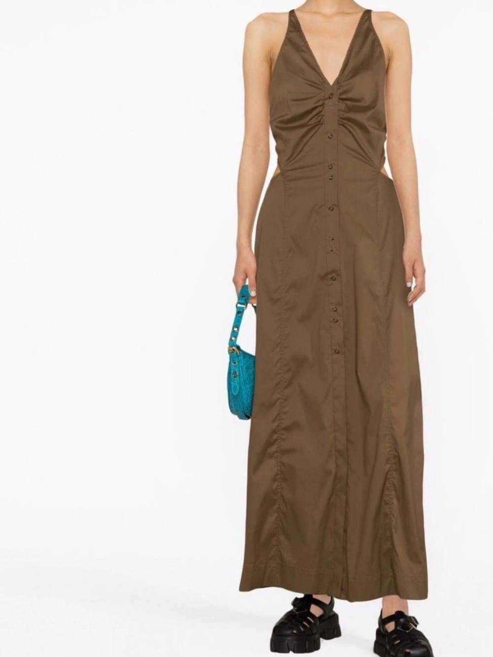 Ganni Brown Button-Front Maxi Halter Dress